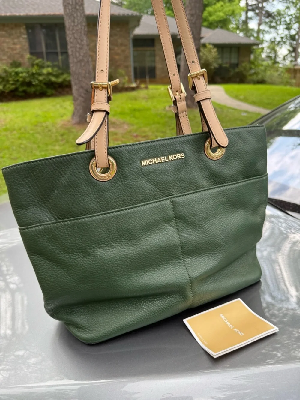 Michael Kors Green Pebbled Leather Tote Bag Gold Hardware Shoulder Bag Large EUC - Picture 1 of 6